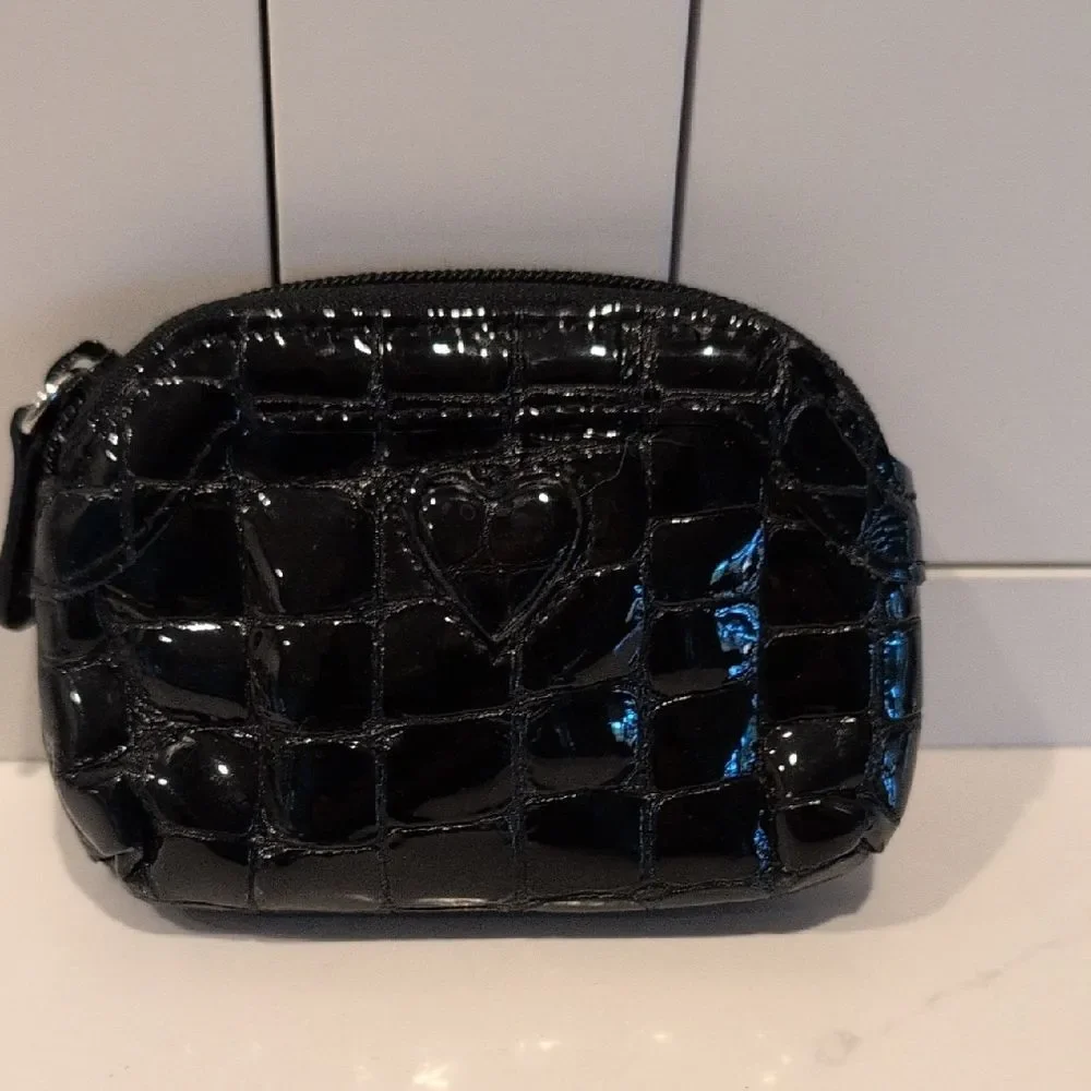 Brighton Black Croc Embossed Patent Leather Heart-Embellished Coin Purse Case